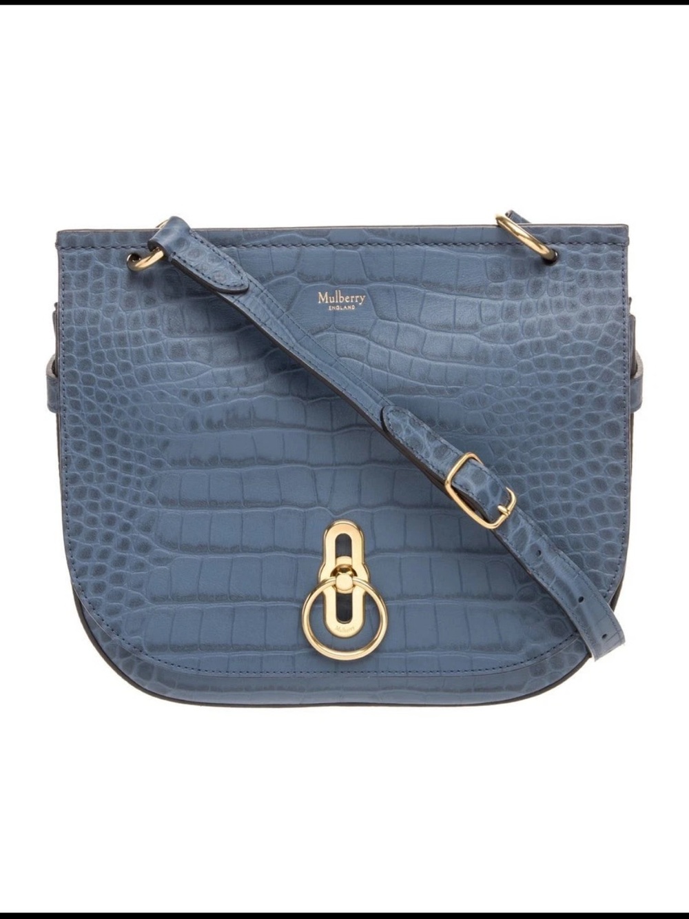Mulberry Blue Croc-Embossed Leather Crossbody Saddle Bag with Gold Hardware